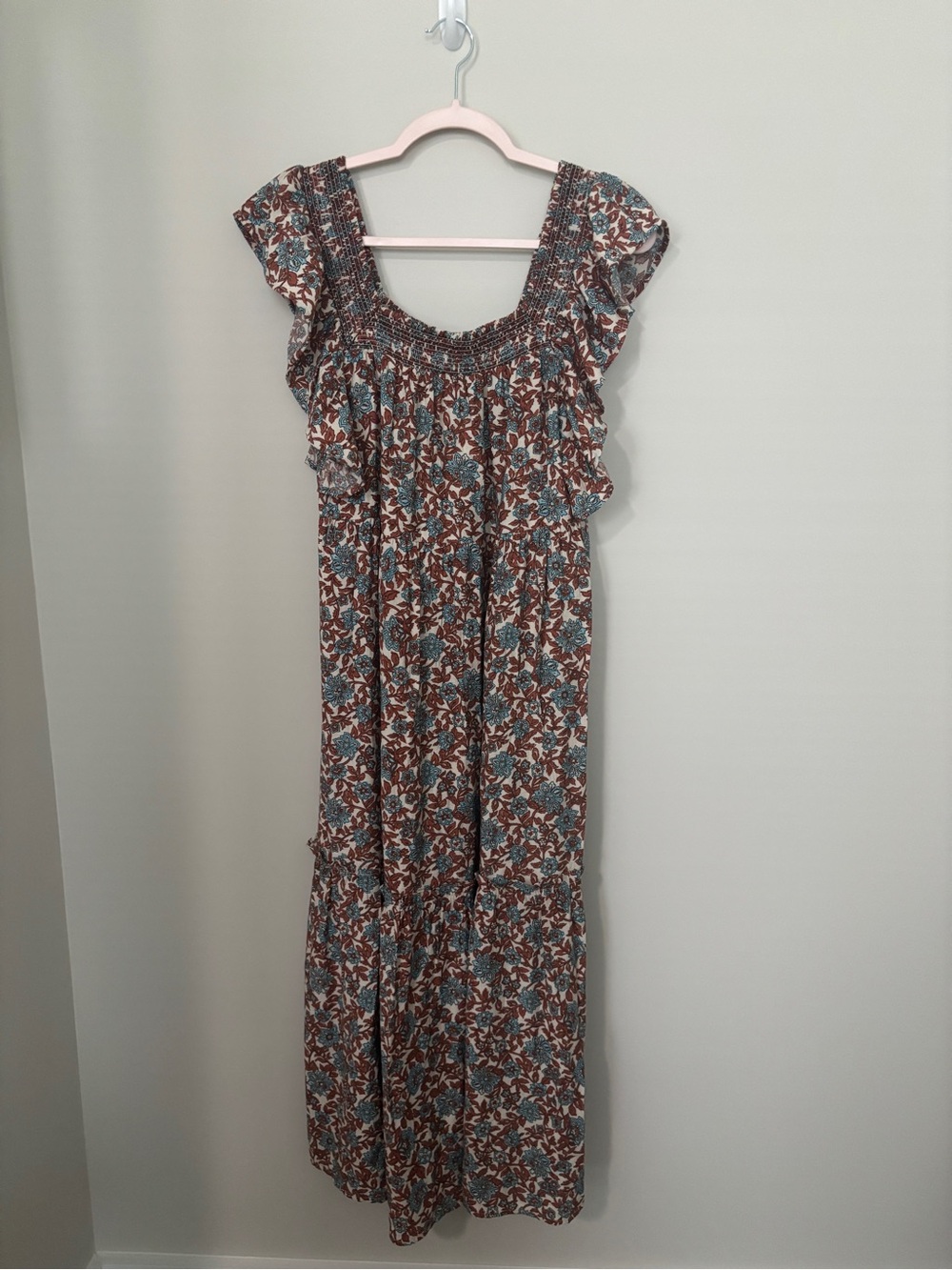 Anthropologie Moon River Brown Floral Maxi Dress with Teal Accents PTP 17” L/49”